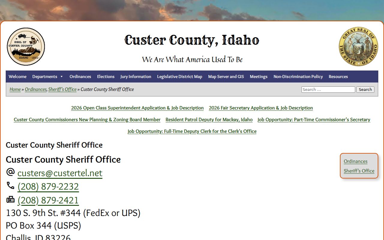 Custer County Sheriff Office contact page for arrest and jail questions