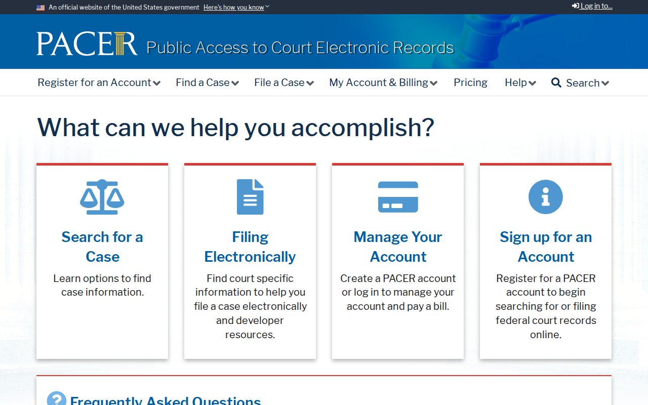 PACER federal court case search and registration portal