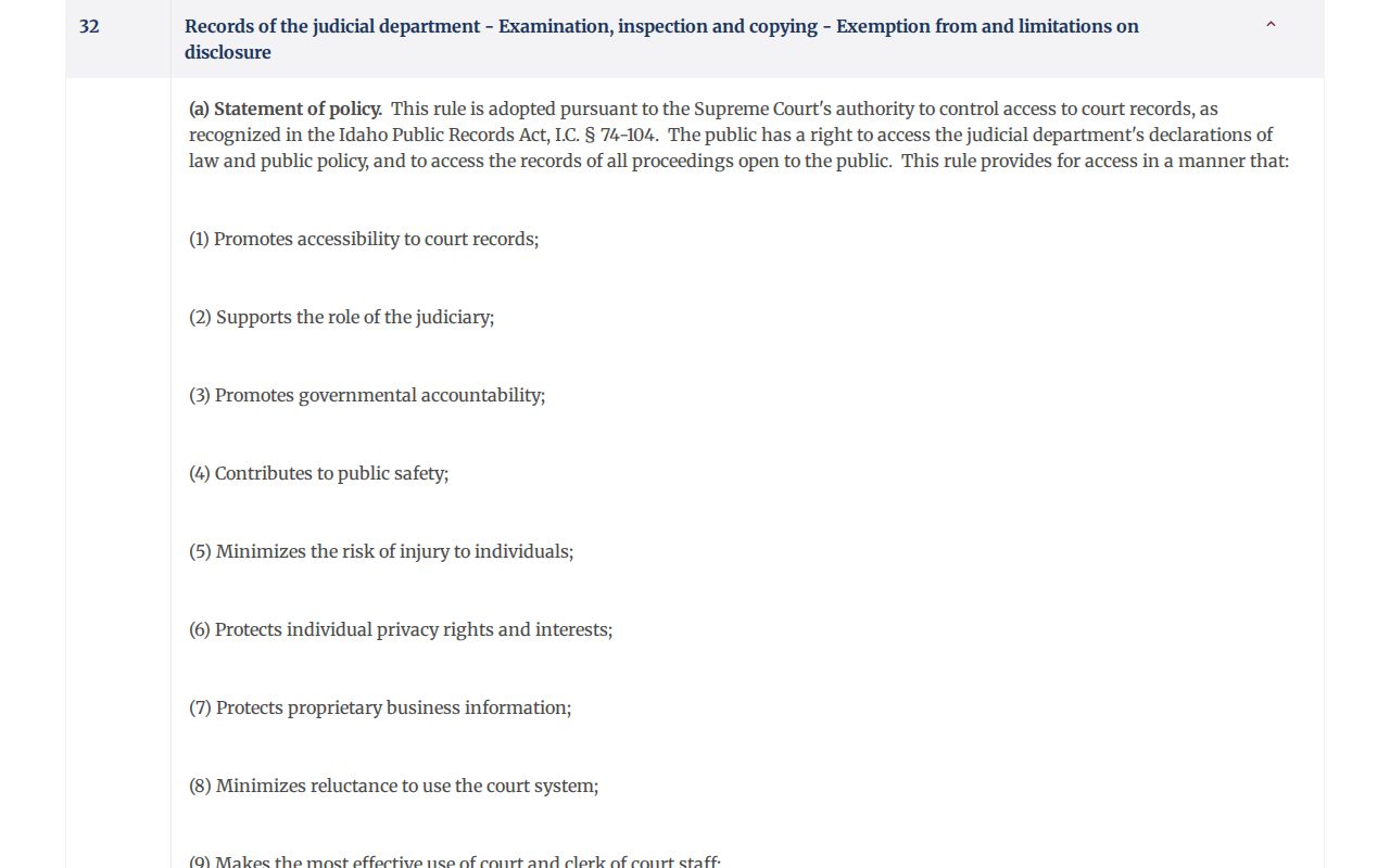 Idaho Court Administrative Rule 32 public access page
