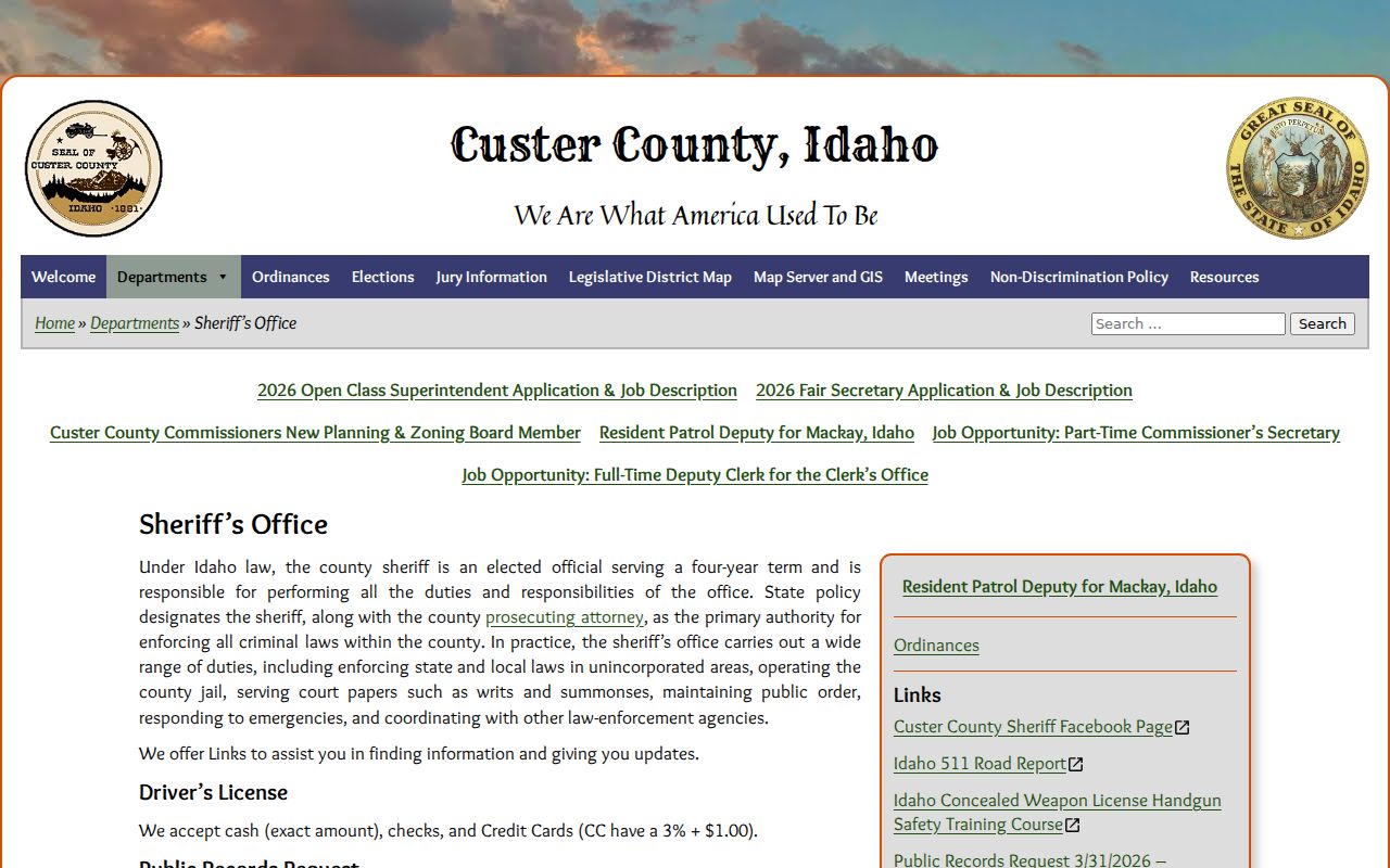 Custer County criminal history sheriff records page