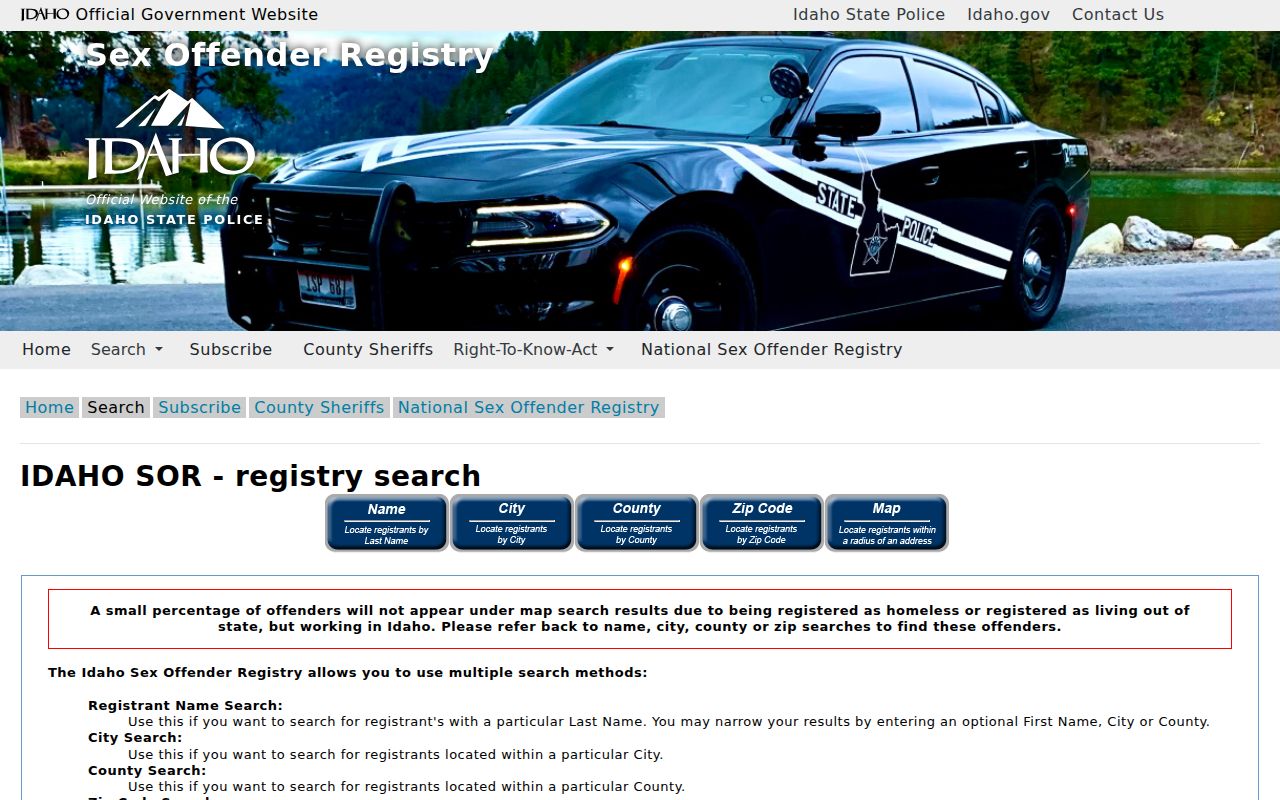 Idaho sex offender registry search tabs and county filters