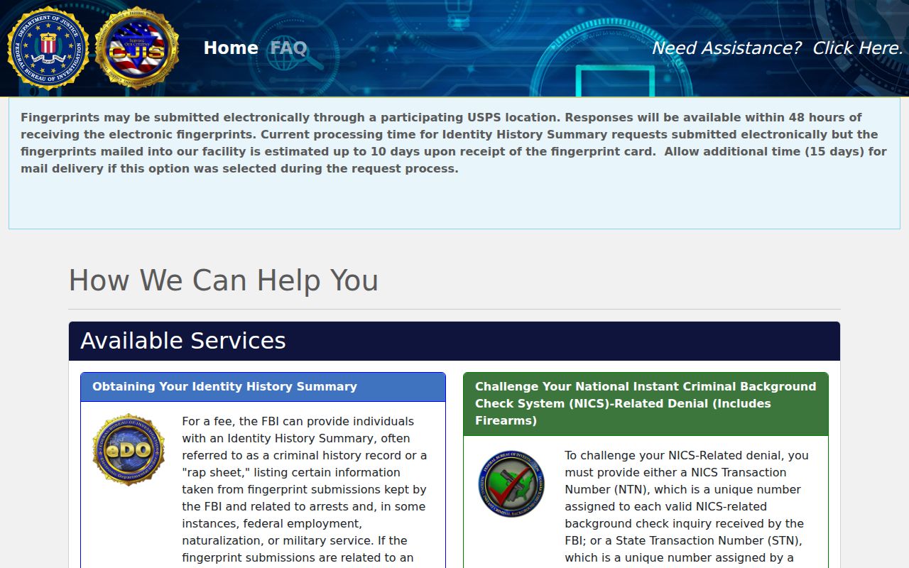 FBI electronic identity history ordering portal